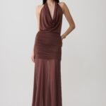 Jorja Draped Halter Slinky Maxi Dress - Chocolate