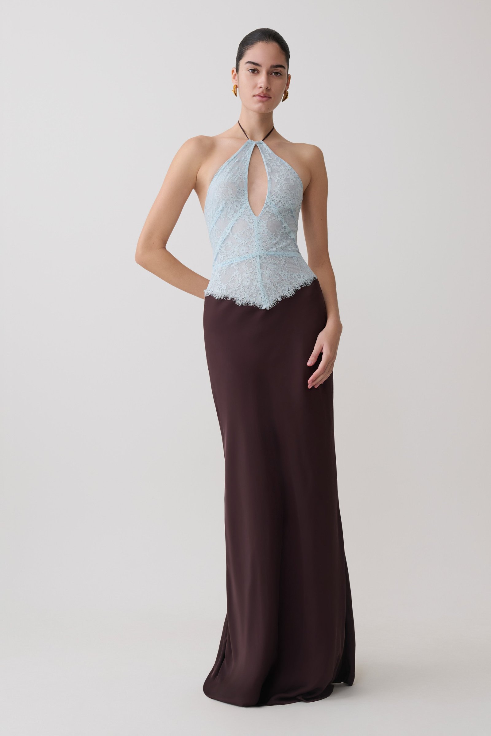 10_Sasha_Dress_BlueChocolate_0001 Sascha Lace And Satin Halter Maxi Dress - Ice Blue/Chocolate - Image 1