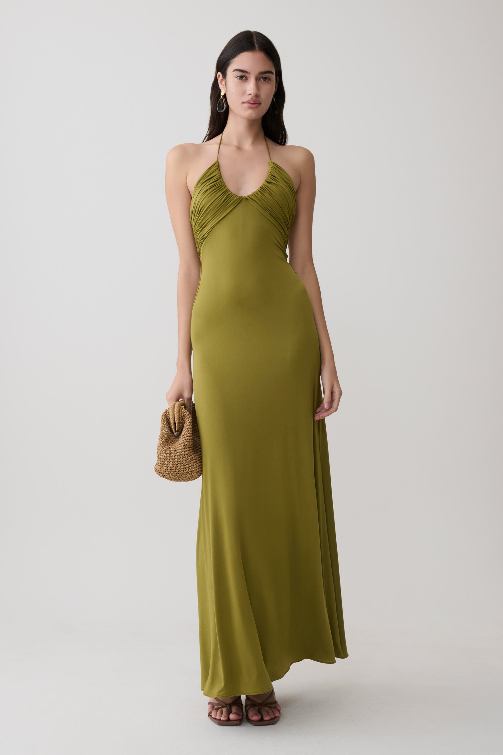 12_Maely_Dress_Olive_0001-1 Maely Gathered Slinky Maxi Dress - Olive - Image 1