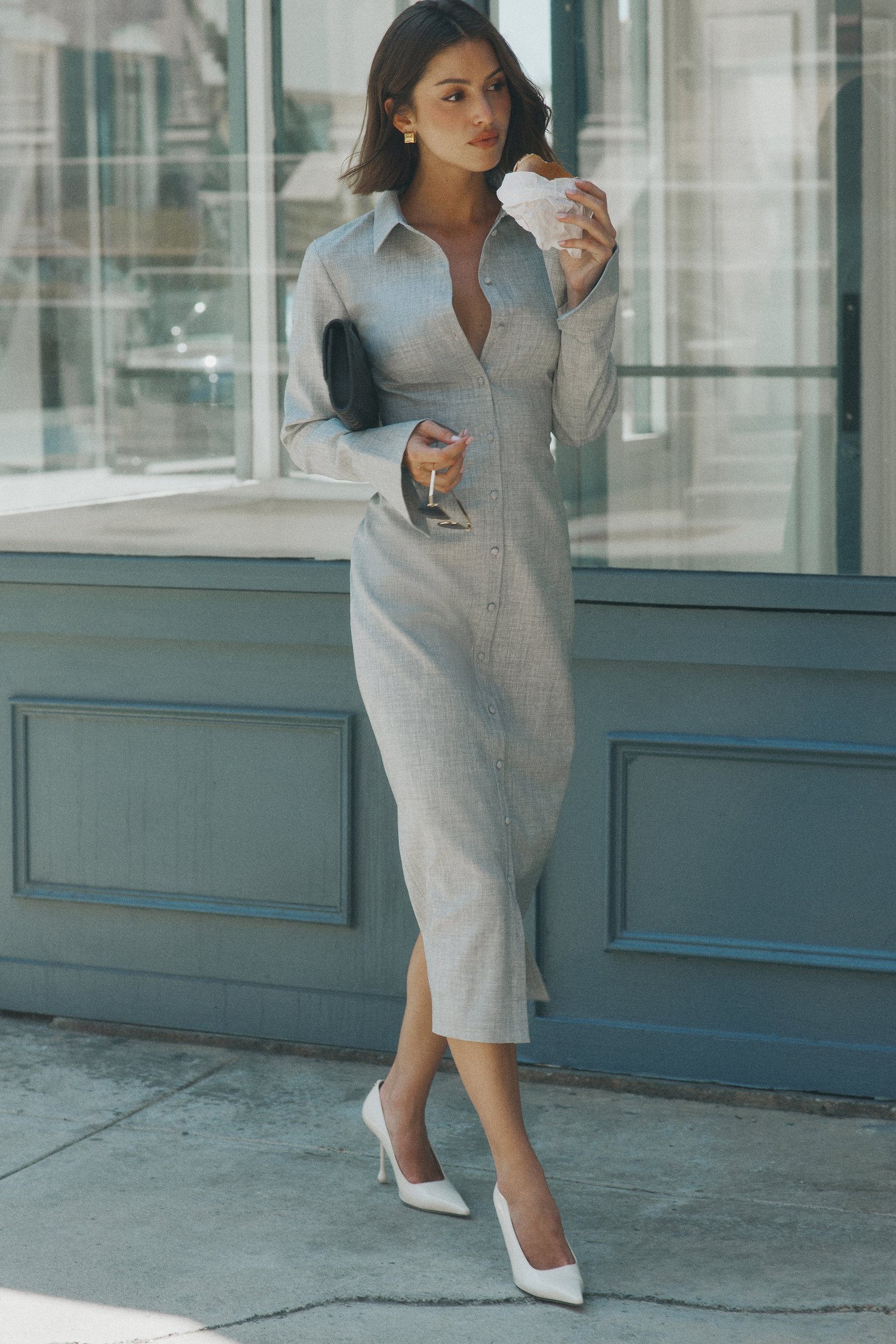 20240813Meshki_Look4_057 Dorian Fitted Shirt Midi Dress - Charcoal Marle - Image 1