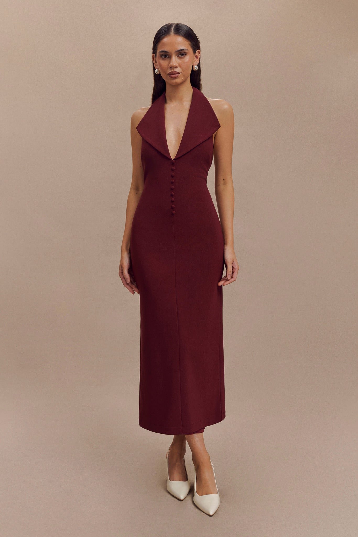 240813_MESHKI_ArchivesDrop1_2_20_995 Annita Crepe Halter Midi Dress - Merlot - Image 1