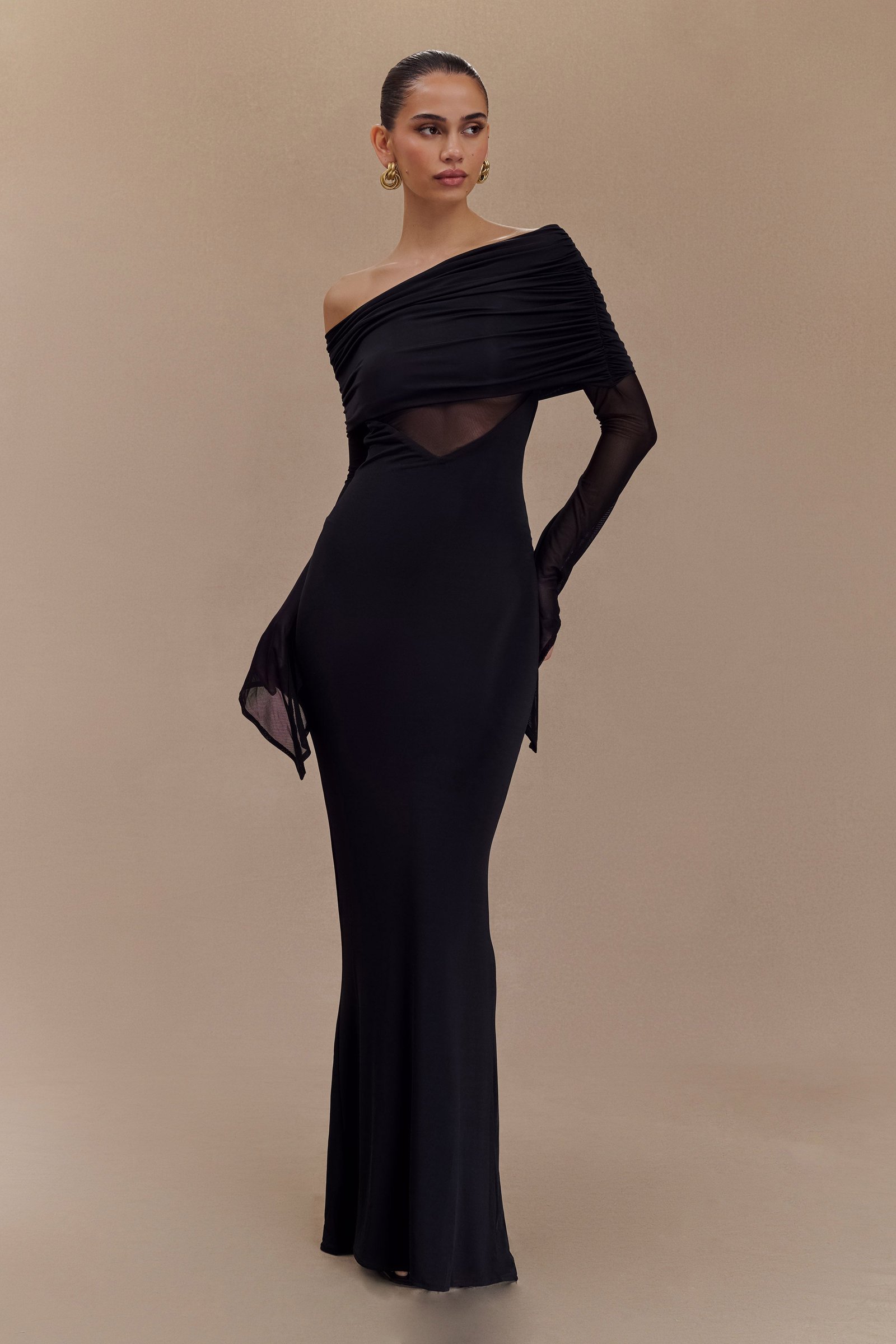 240923_MESHKI_Tranquility_Drp2_13_750 Kaitlin One Shoulder Slinky And Mesh Maxi Dress - Black - Image 1