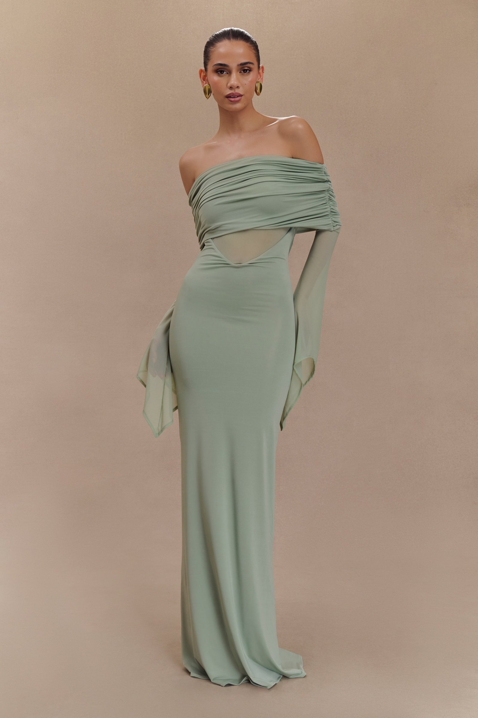 240924_MESHKI_Tranquility_Drp360820 Kaitlin One Shoulder Slinky And Mesh Maxi Dress - Basil - Image 1