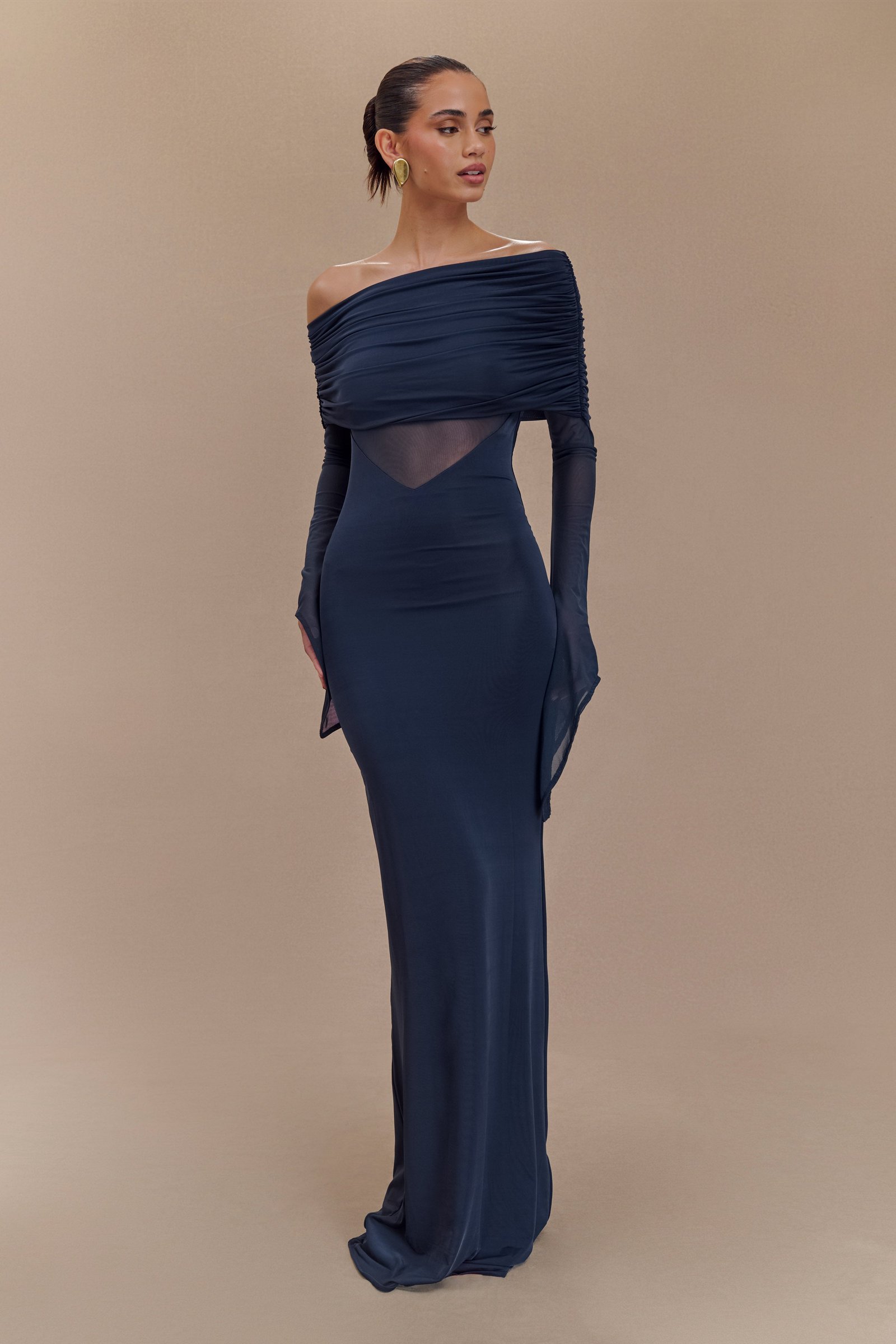 240924_MESHKI_Tranquility_Drp360869 Kaitlin One Shoulder Slinky And Mesh Maxi Dress - Midnight Blue - Image 1