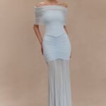 Caspian Slinky And Mesh Off Shoulder Maxi Dress - Pale Blue