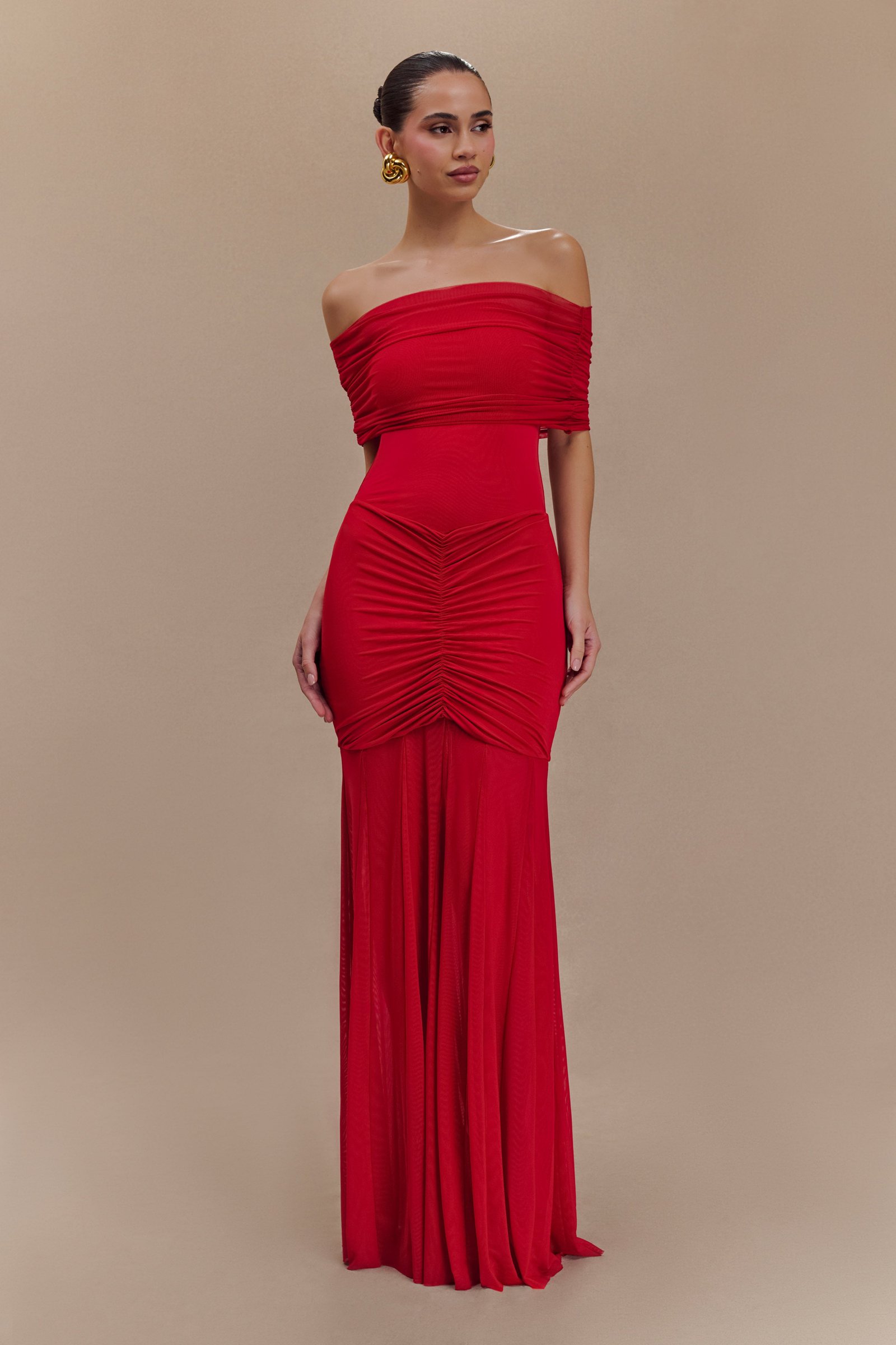 241008_MESHKI_Tranquility3_4_31_1448-1 Caspian Slinky And Mesh Off Shoulder Maxi Dress - Ruby - Image 1