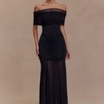 Caspian Slinky And Mesh Off Shoulder Maxi Dress - Black