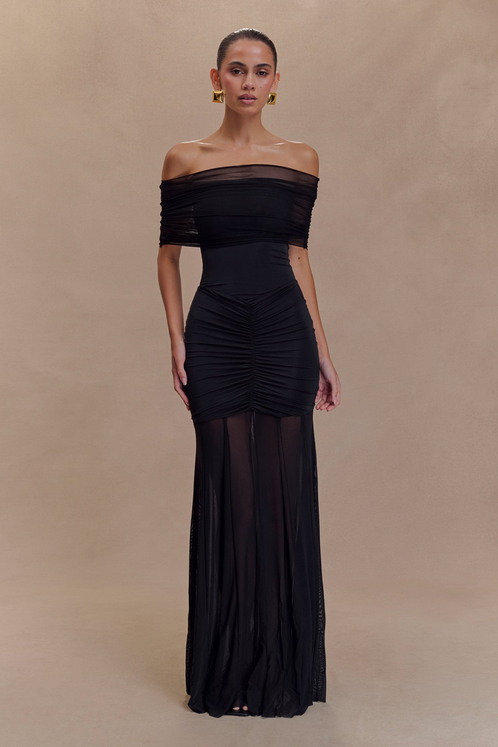 241216_MESHKI_CordiallyInvited_Drp4_02_098-1 Caspian Slinky And Mesh Off Shoulder Maxi Dress - Black - Image 1