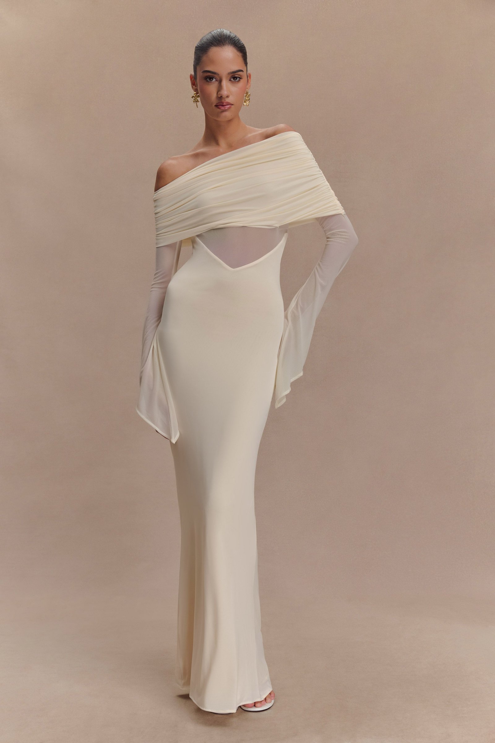 250121_MESHKICordiallyInvitedPT2_27_1372-1 Kaitlin One Shoulder Slinky And Mesh Maxi Dress - Ivory - Image 1