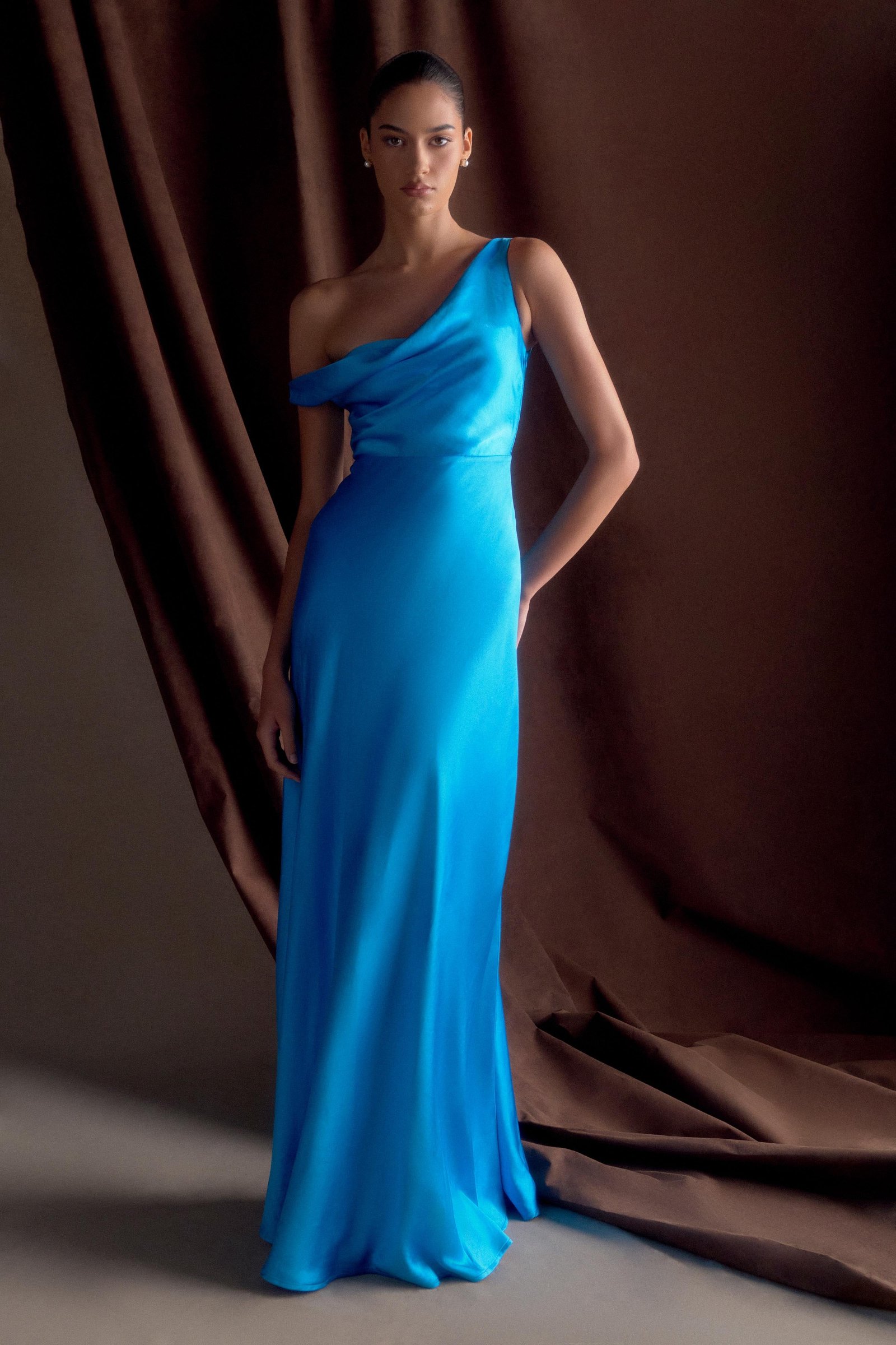 250122_MESHKI_BridalDay03_06_318 Jacinta One Shoulder Maxi Dress - Cyan Blue - Image 1