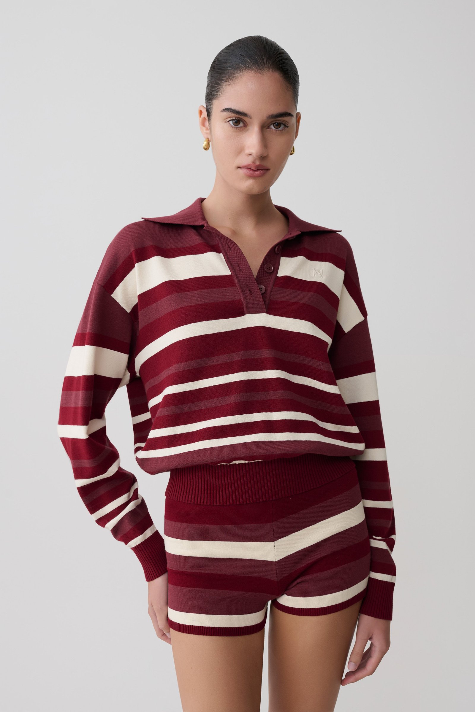 250324_MESHKI_HertiageFinal_21_1005-1 Philly Stripe Long Sleeve Knit Jumper - Burgundy/Cream - Image 1