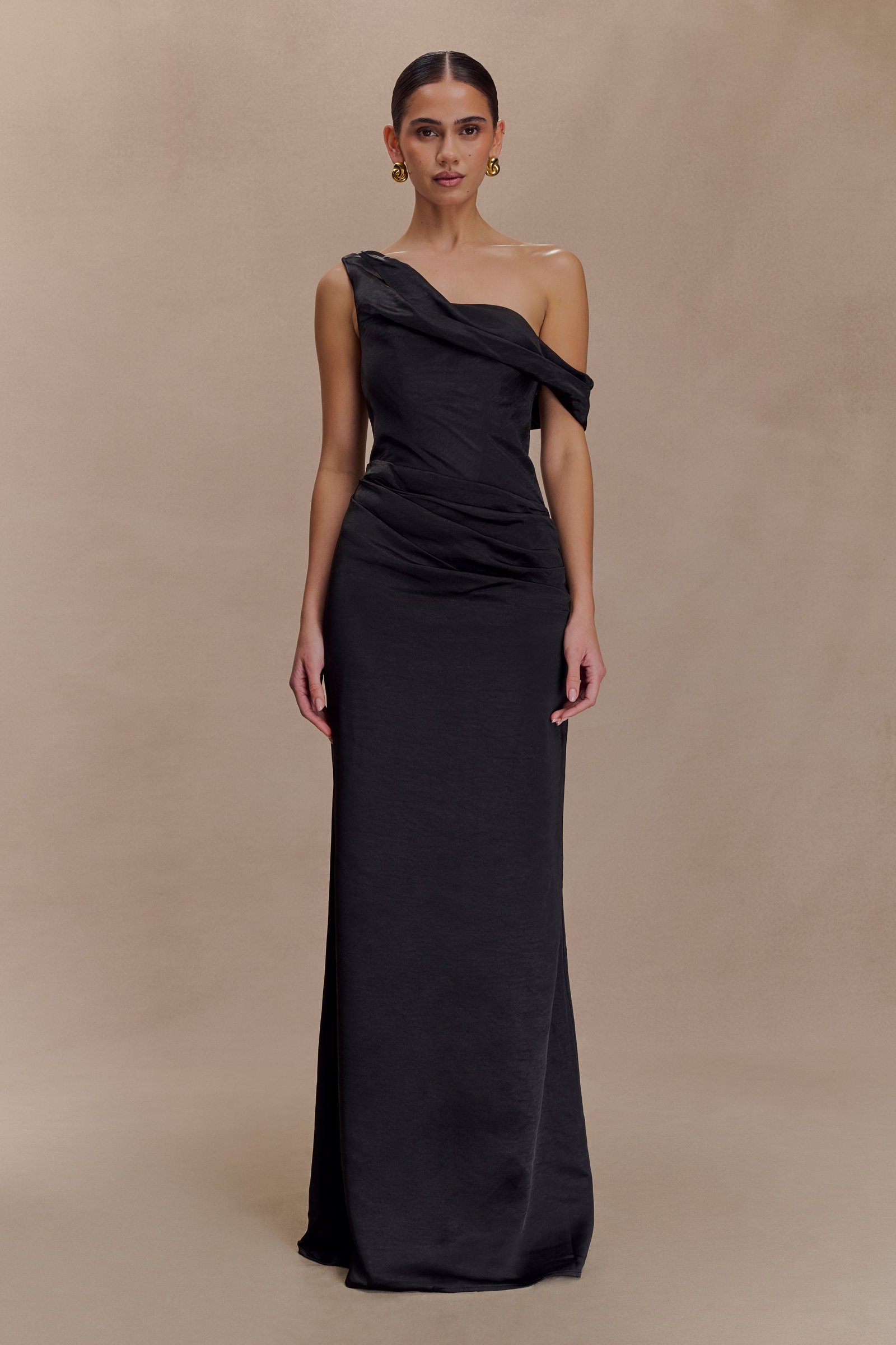 250709_MESHKI_Roam4_20_960 Dalia Off Shoulder Satin Maxi Dress - Black - Image 1