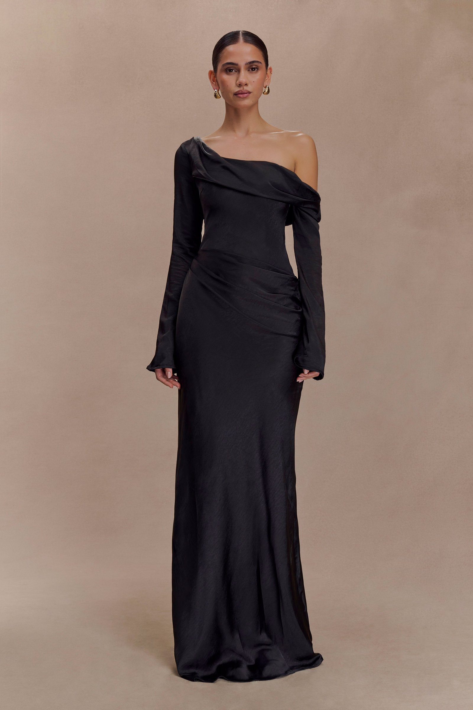 250709_MESHKI_Roam4_22_1047-1 Iris Long Sleeve Satin Maxi Dress - Black - Image 1