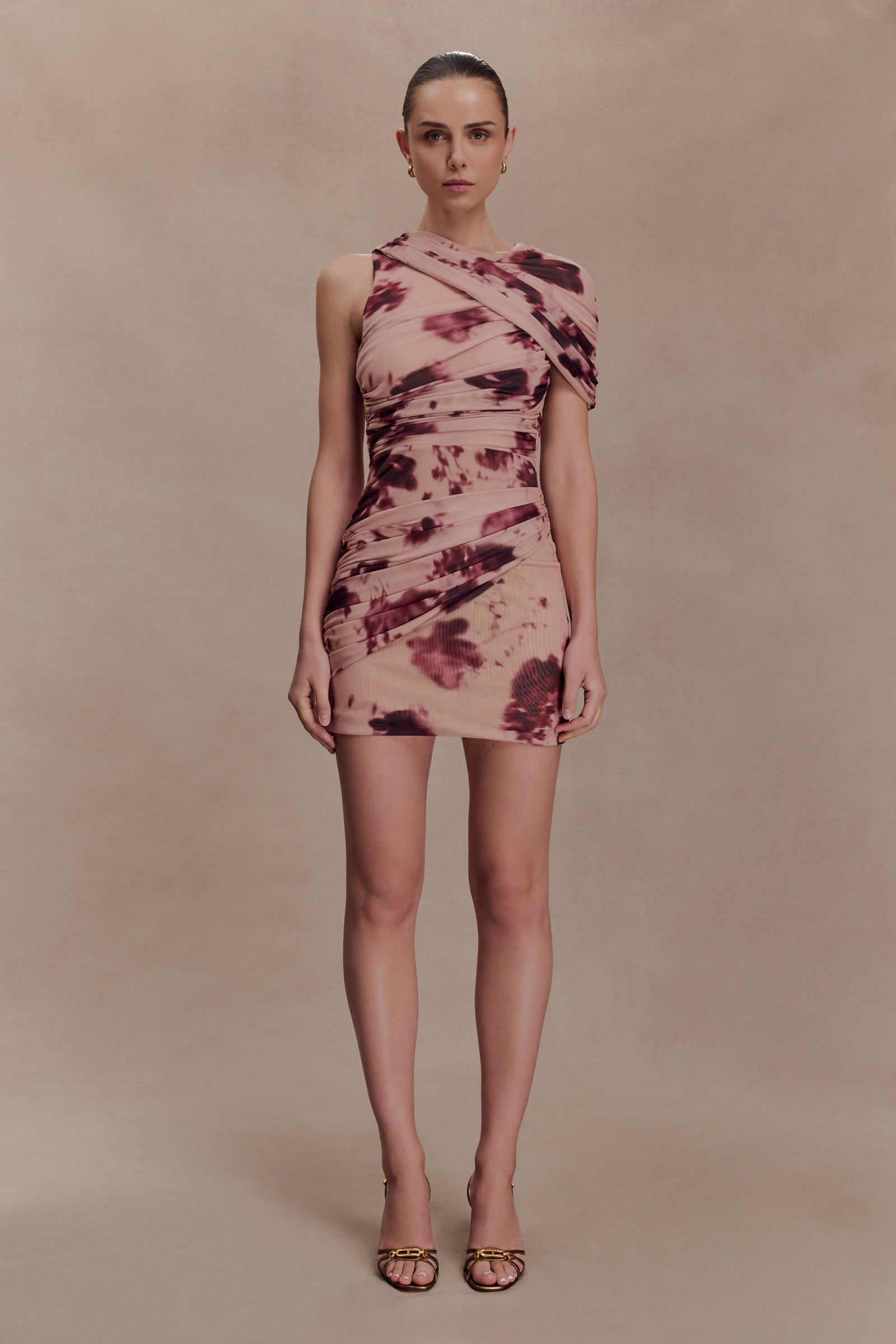 251201_MESHKI_Gardner3_20_713 Adrienne One Shoulder Mesh Mini Dress - Nude Blurred Floral Print - Image 1