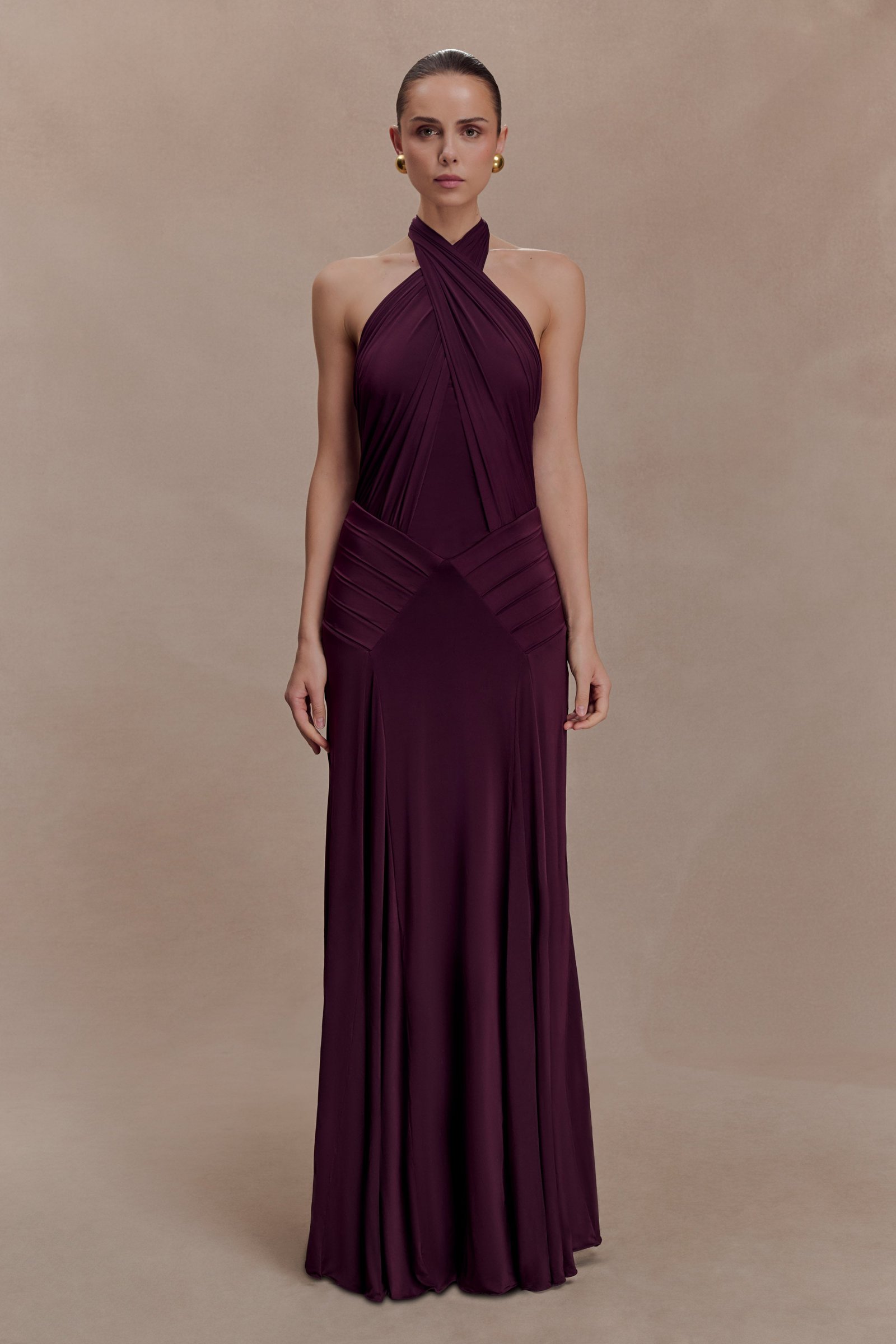 251202_MESHKI_Gardner4_22_916-1 Indira Gathered Slinky Halter Maxi Dress - Mahogany - Image 1