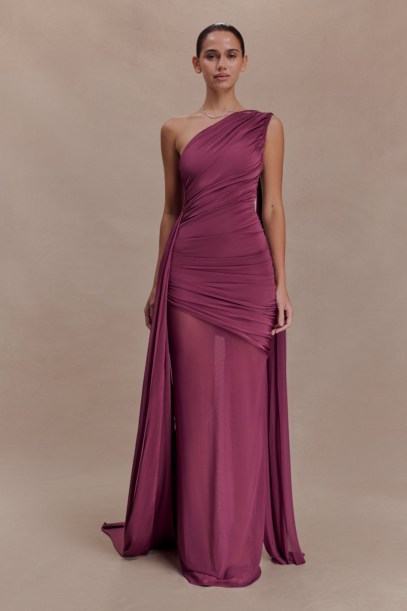 260127_MESHKI_SomethingBlue3_28_1002 Asher Slinky One Shoulder Maxi Dress - Neutral Plum - Image 1