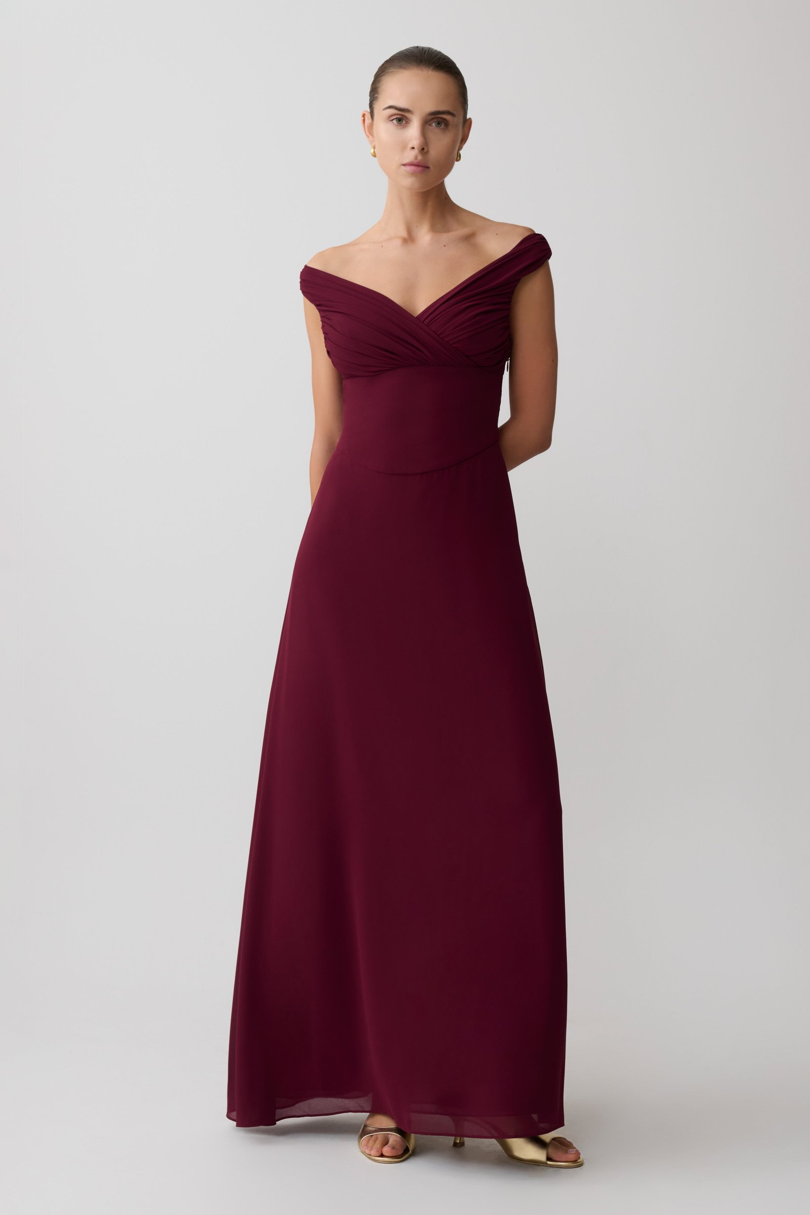 260204_MESHKI_Heritage_2_21_852-1 Mabel Off Shoulder Chiffon Maxi Dress - Merlot - Image 1