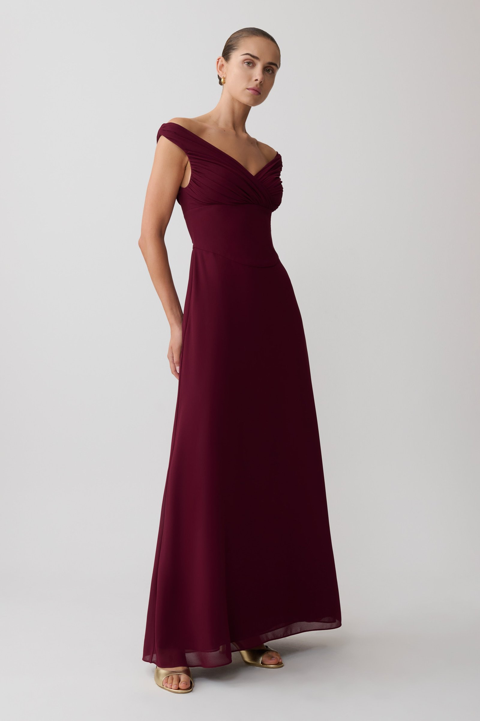 Mabel Off Shoulder Chiffon Maxi Dress - Merlot - Image 4