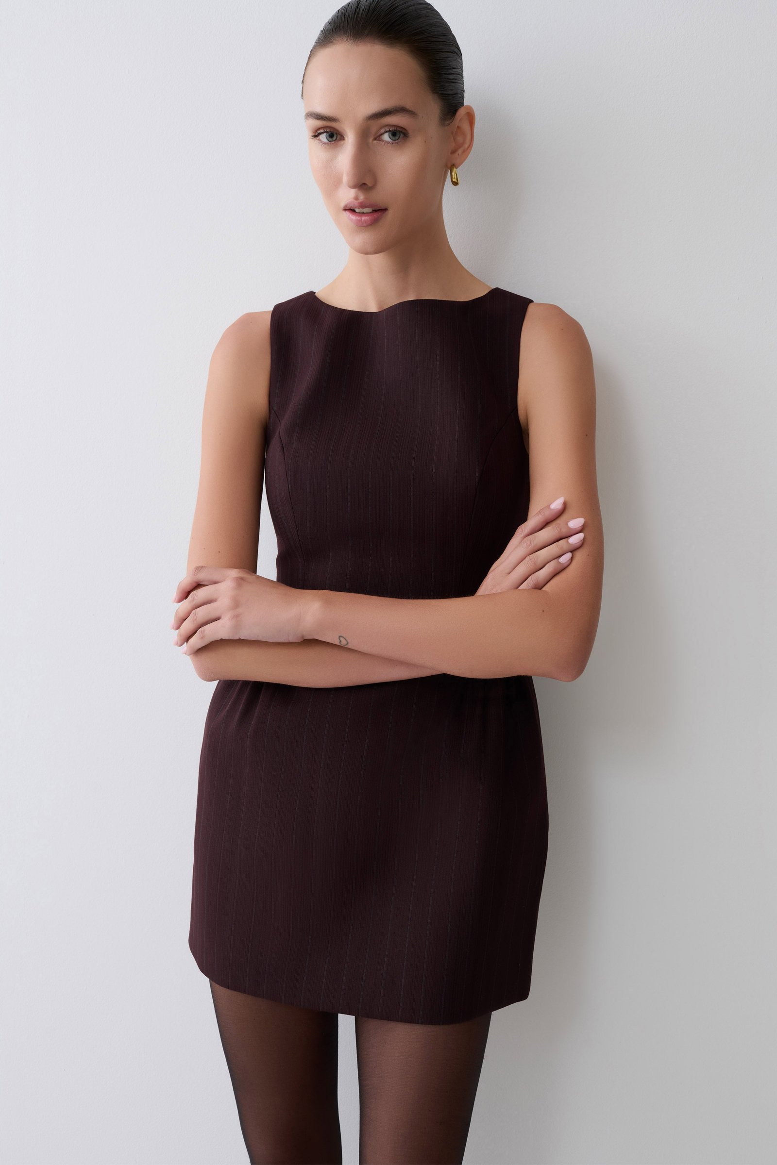 Hallie Boat Neck Mini Dress - Plum Pinstripe - Image 3