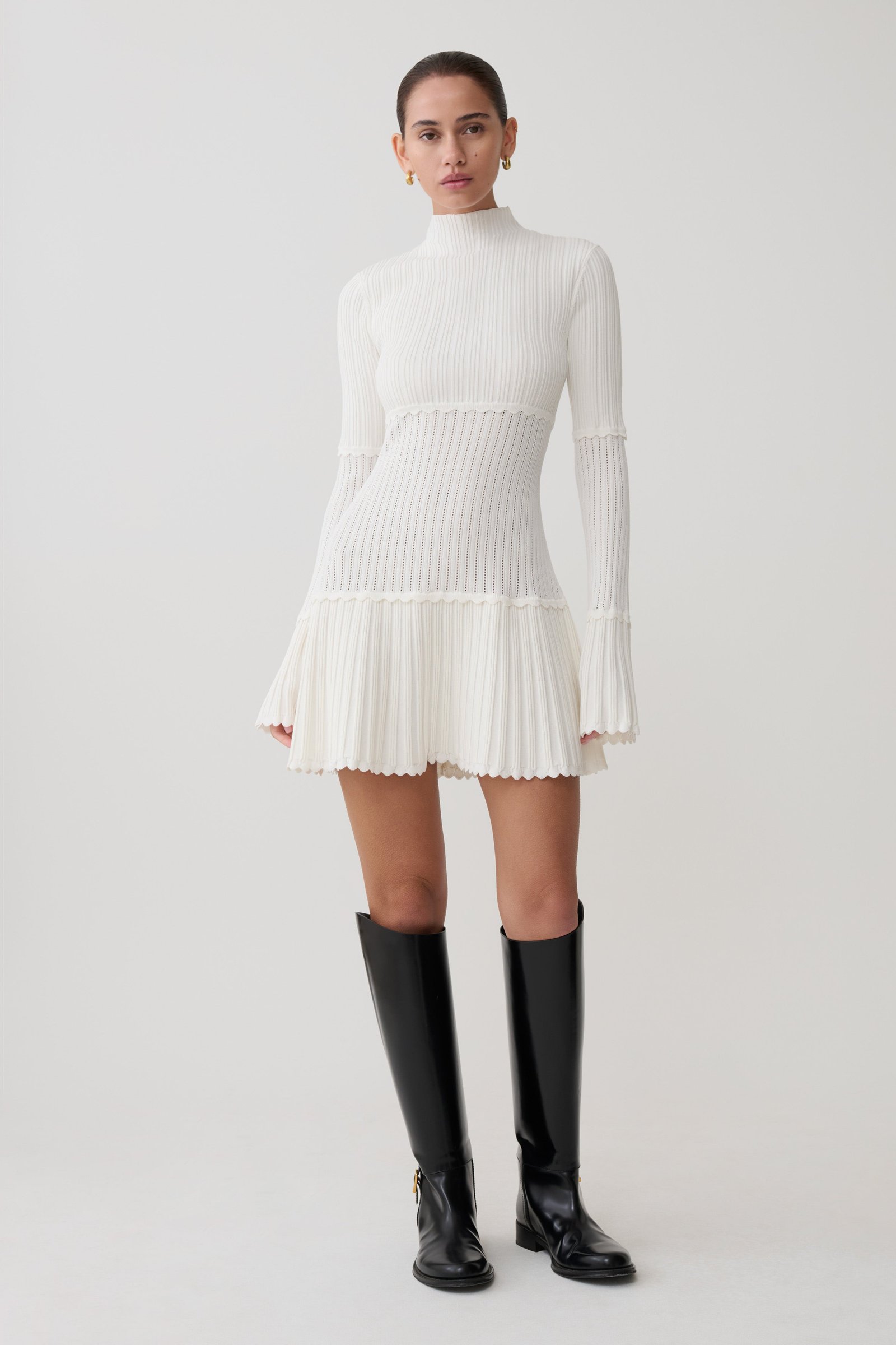 260323_MESHKI_Workwear_14_597_ca340cbd-c45f-48bc-8183-bdb97b9a9102-1 Adena Pointelle Knit Mini Dress - Ivory - Image 1