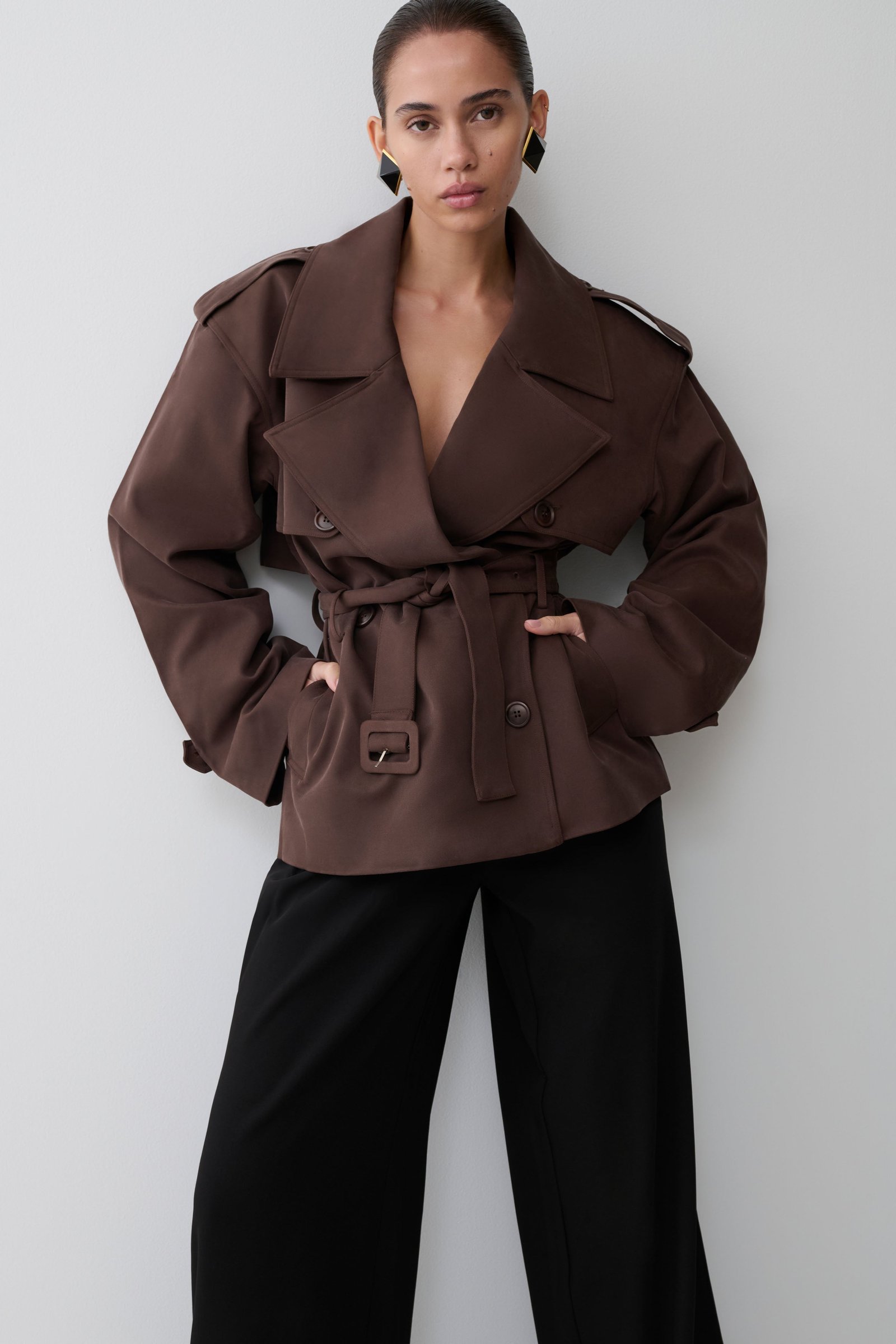 260323_MESHKI_Workwear_16_749 Alden Short Trench Jacket - Chocolate - Image 1