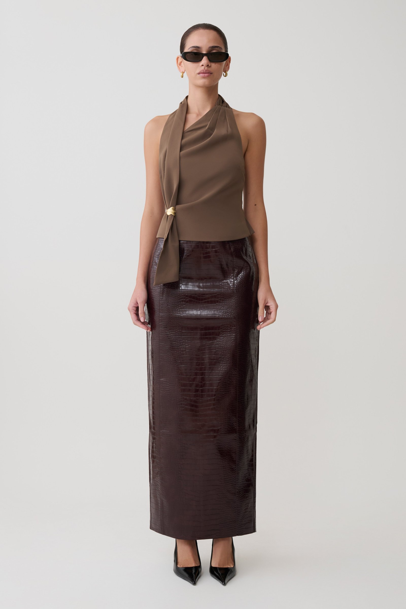 260323_MESHKI_Workwear_19_833-1 Marina Halter Top With Hardware - Cacao Brown - Image 1