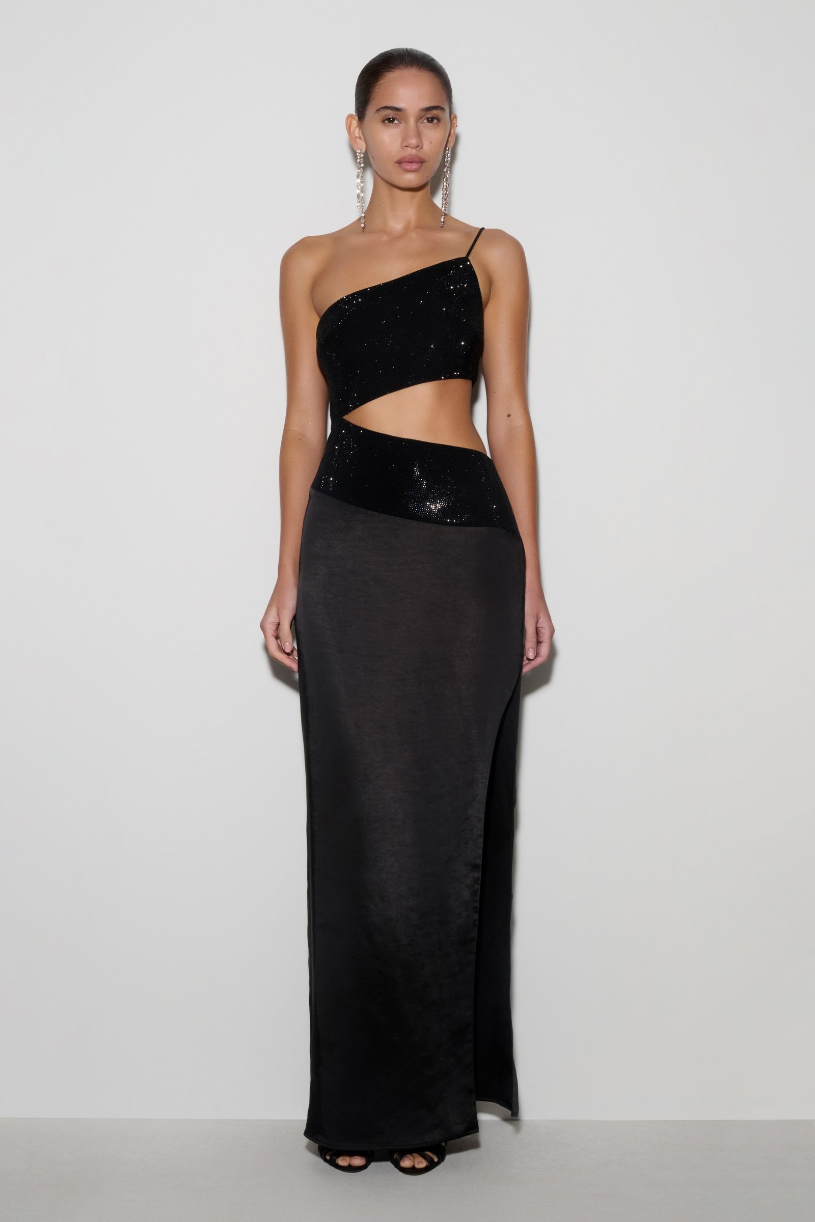 260325_MESHKI_Reshoots_hardflash_02_023 Athena One Shoulder Diamante Maxi Dress - Black - Image 1