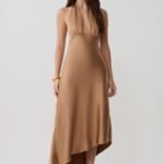Adelie Asymmetric Hem Halter Midi Dress - Cognac