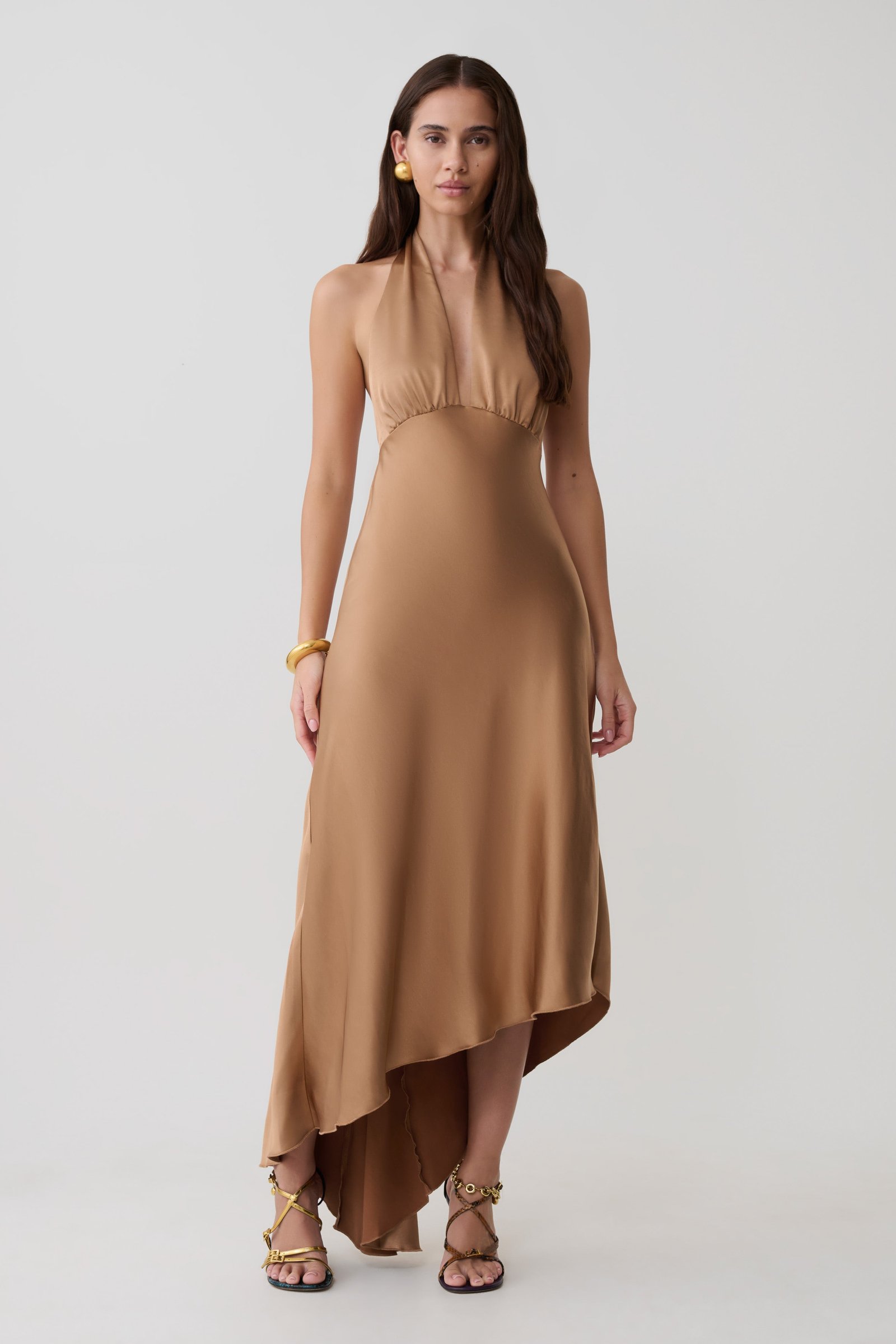 260410_MESHKI_Resort3_19_878-1 Adelie Asymmetric Hem Halter Midi Dress - Cognac - Image 1