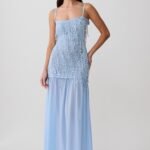 Belinda Beaded Knit & Chiffon Maxi Dress - Light Blue