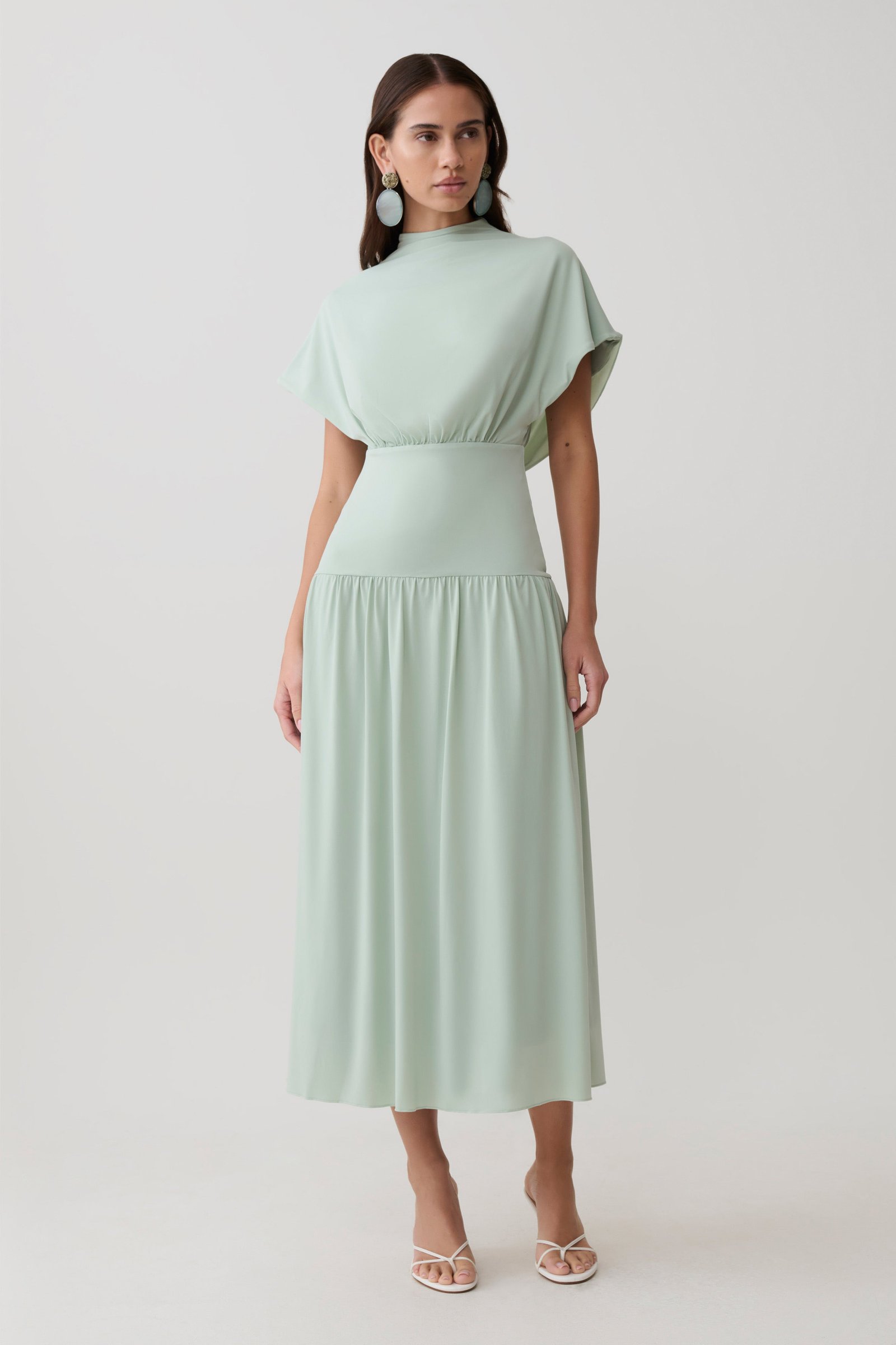 260429_MESHKI_Resort_6_11_536 Ailla High Neck Cowl Midi Dress - Aqua Grey - Image 1