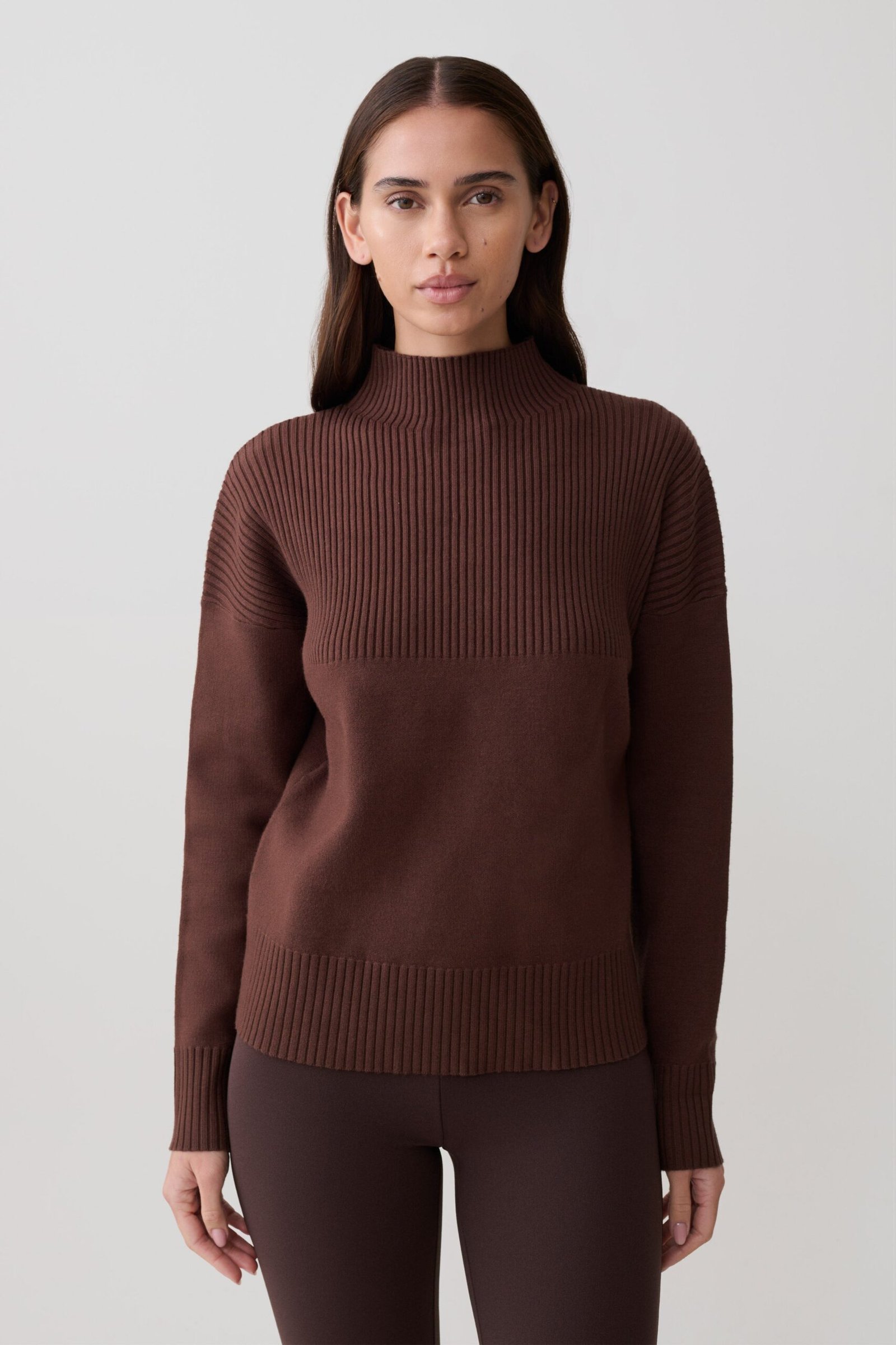 260429_MESHKI_Resort_6_14_690 Stanley Ribbed High Neck Jumper - Chocolate - Image 1