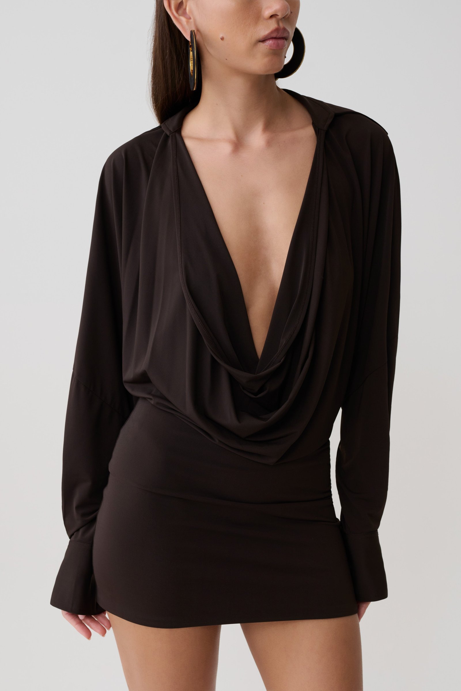 260429_MESHKI_Resort_6_22_1106_2b7bbc3e-3812-4dda-8674-3176b7ba55ed-1 Soleia Cowl Drape Shirt Dress - Bitter Chocolate - Image 1