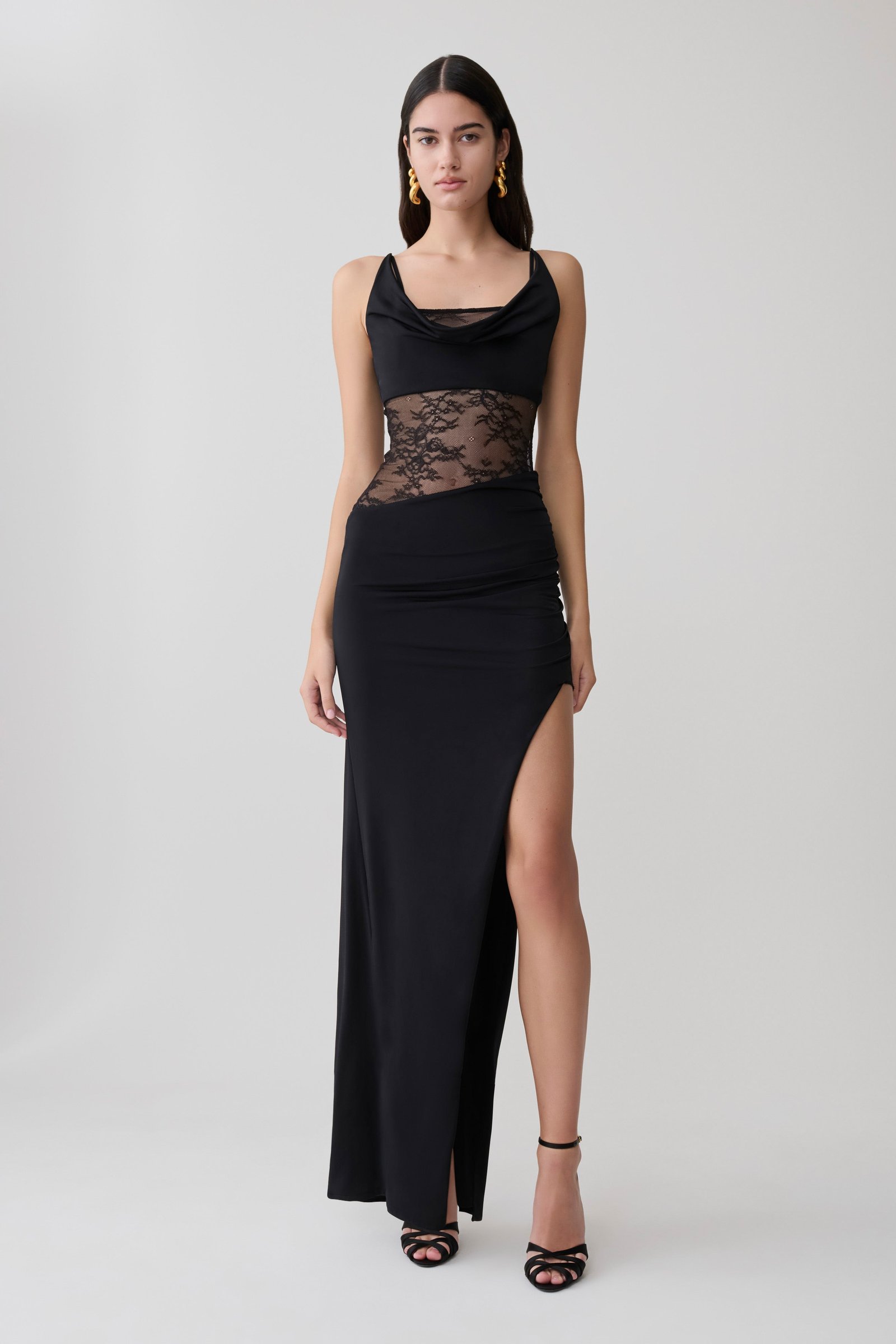 260506_MESHKI_Resort7_08_DR11967KD2-BLK_407 Kelela Draped Slinky And Lace Maxi Dress - Black - Image 1