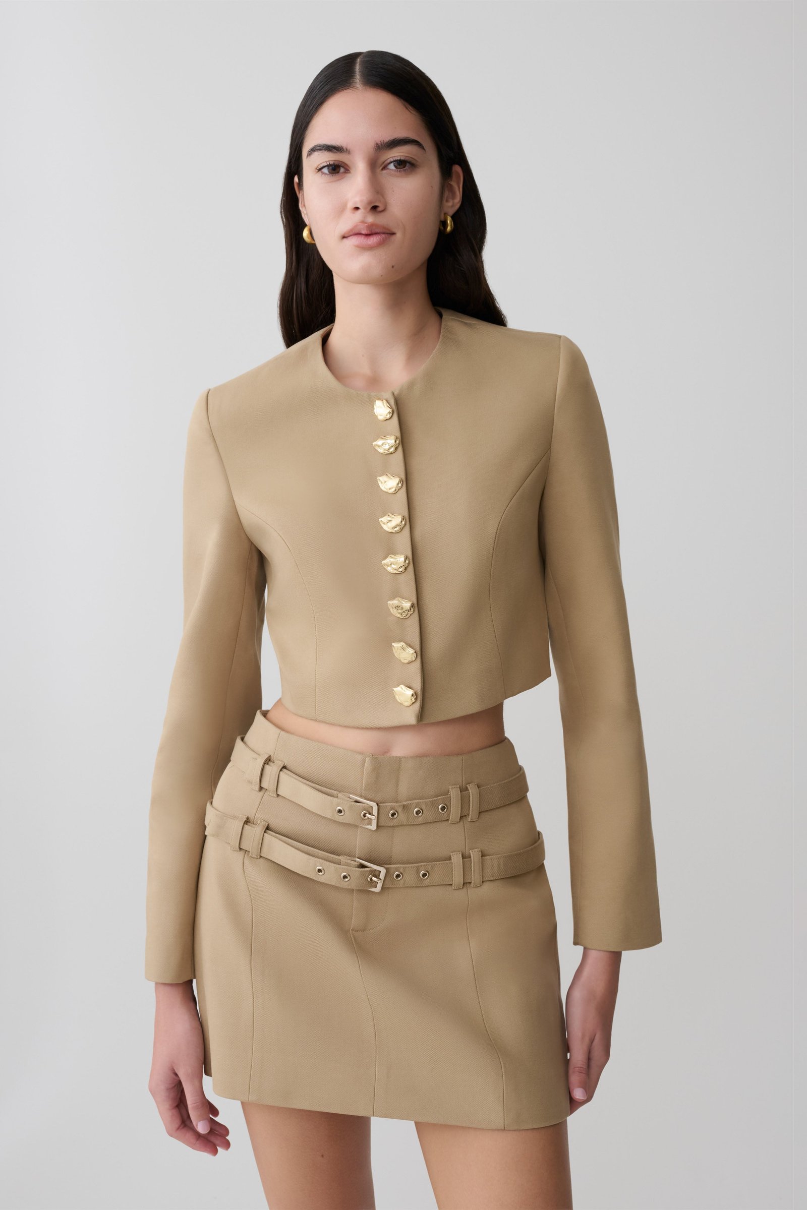 260506_MESHKI_Resort7_12_MARIELLE_600_1 Marielle Button Up Cropped Jacket - Taupe - Image 1