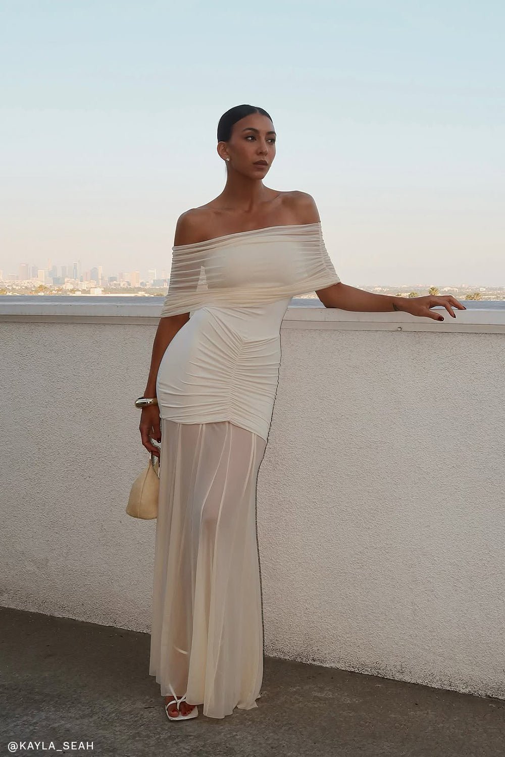 KAYLA_SEAH Caspian Slinky And Mesh Off Shoulder Maxi Dress - Ivory - Image 1